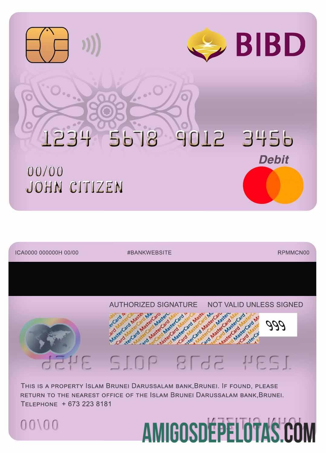 Cartão de débito Mastercard do Brunei Bank Islam Brunei Darussalam Bank amostra